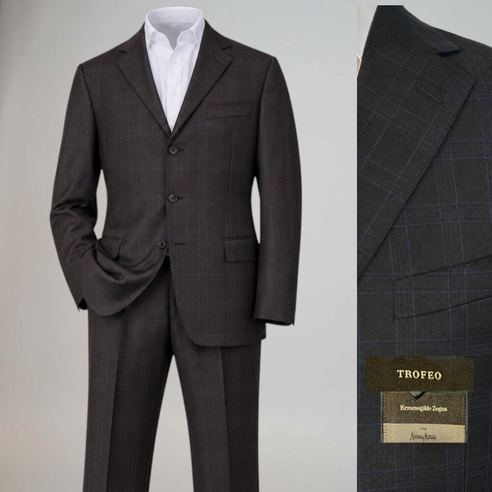 Ermenegildo Zegna Trofeo Suit 42R 35x30 ROMA Dark Brown Blue Plaid Italy
